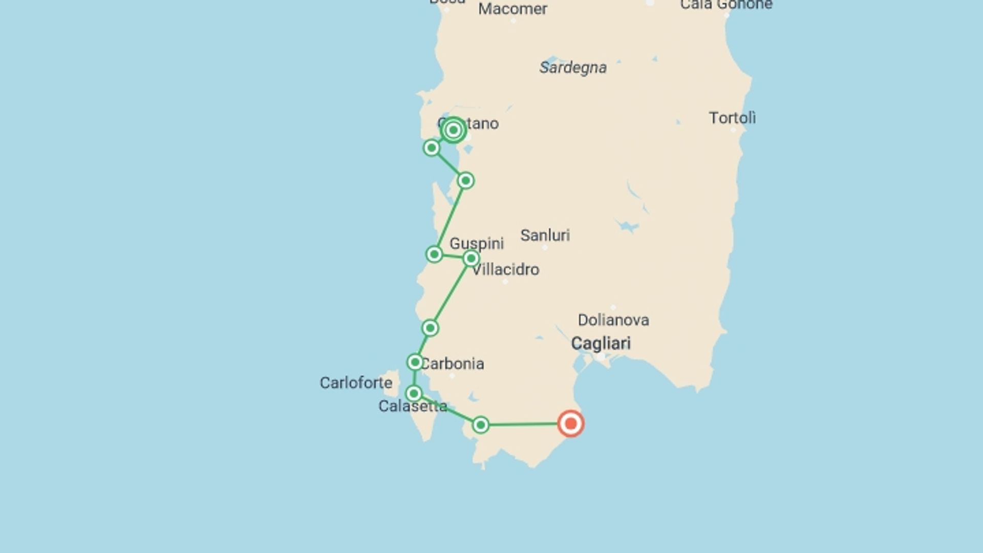 A map showing the tour itinerary for the trip: Cycling in Sardinia, starting in Cabras, Italy and ending in Pula, Italy going through 6 other destinations.