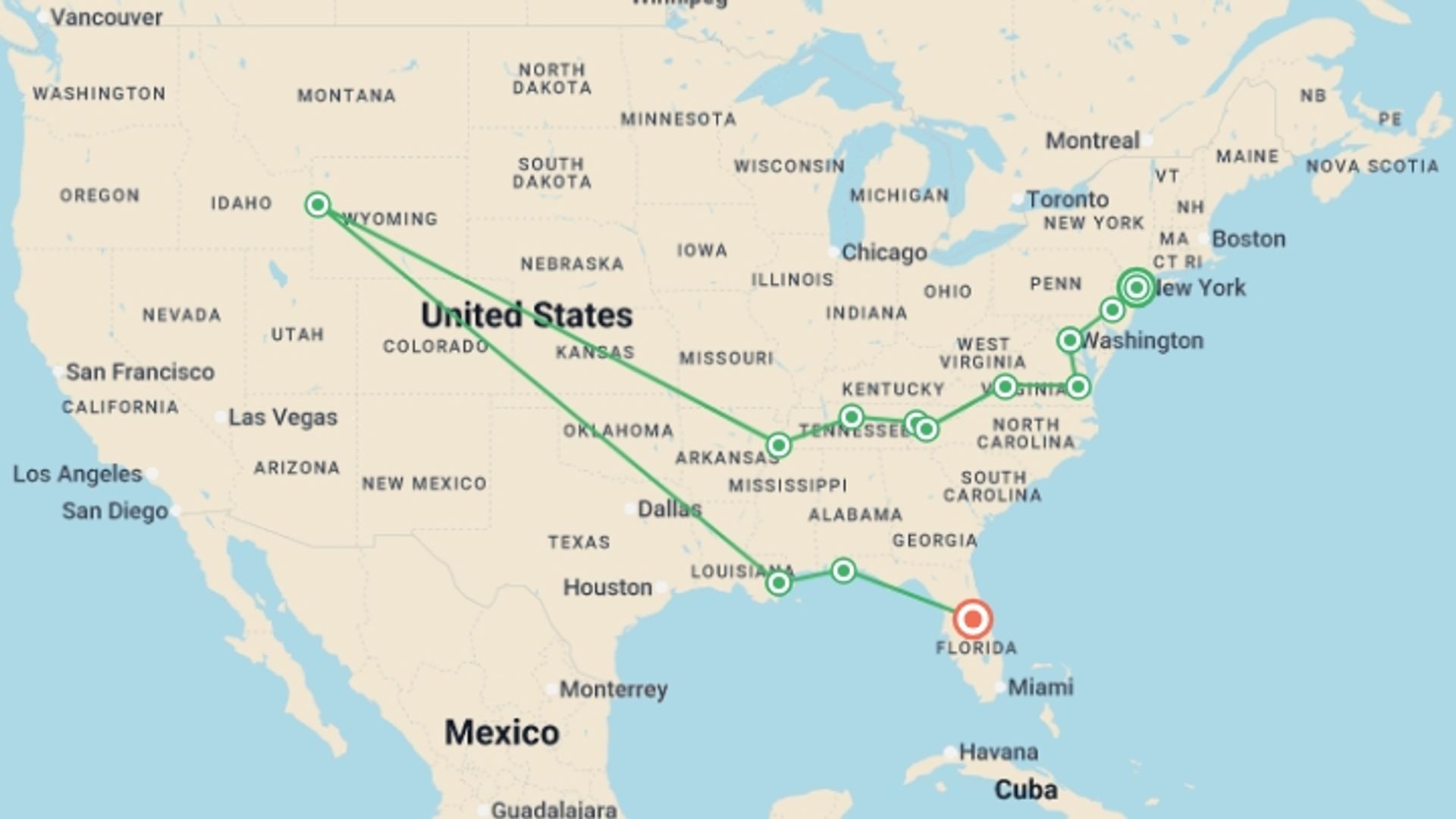 A map showing the tour itinerary for the trip: Deep South Explorer to Orlando - 13 days, starting in New York, USA and ending in Orlando, USA going through 7 other destinations.