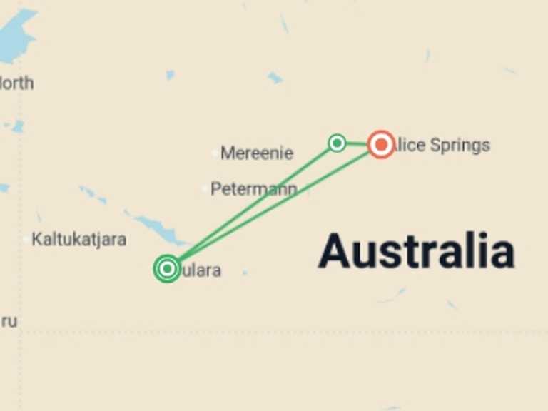 Map itinerary of Australia Tour in Winter with 3 destination visits for the trip: Central Australia & Uluru Family Holiday
