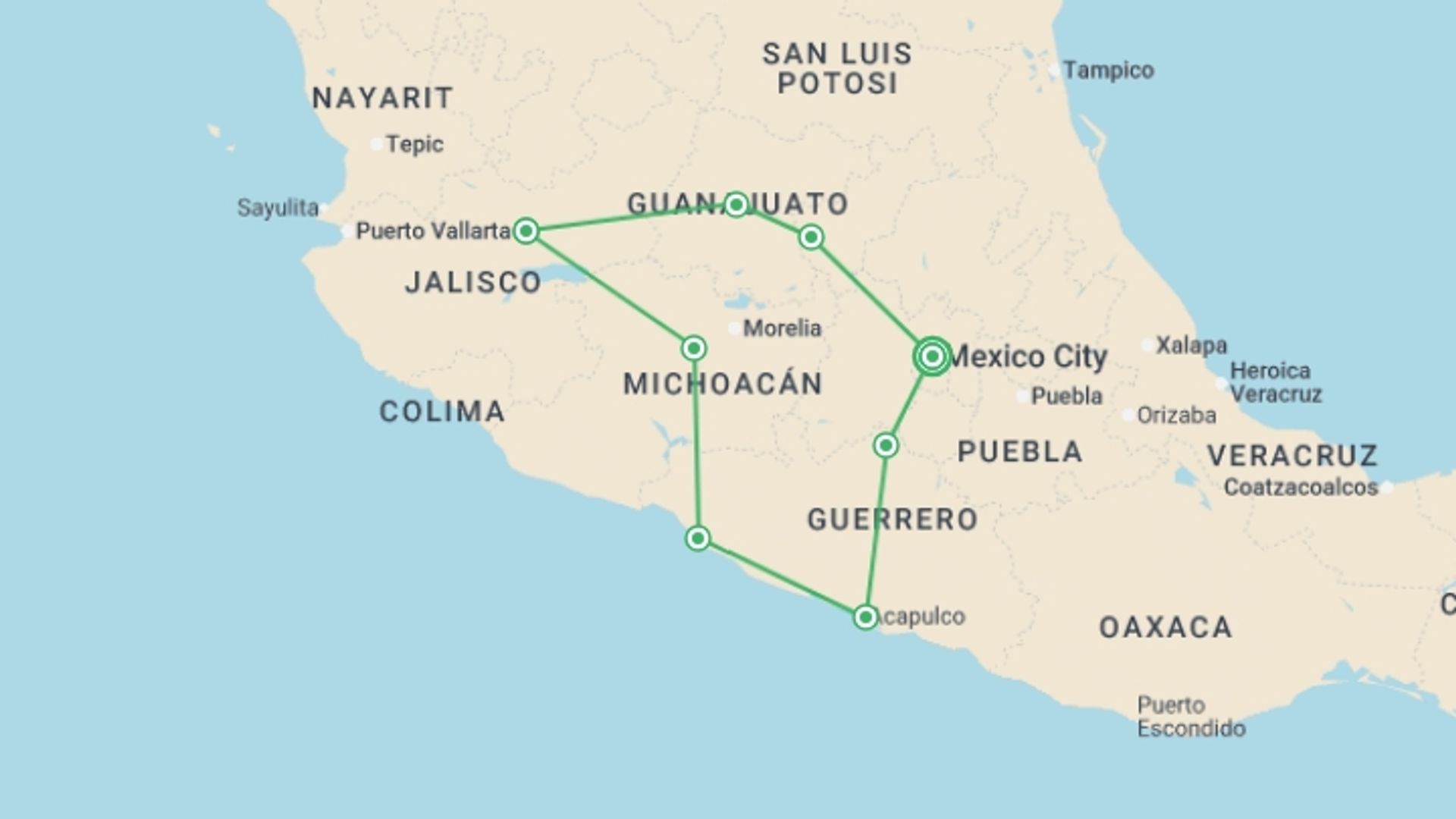 A map showing the tour itinerary for the trip: Coastal and Cultural Adventure, starting in Mexico City, Mexico and ending in Mexico City, Mexico going through 7 other destinations.