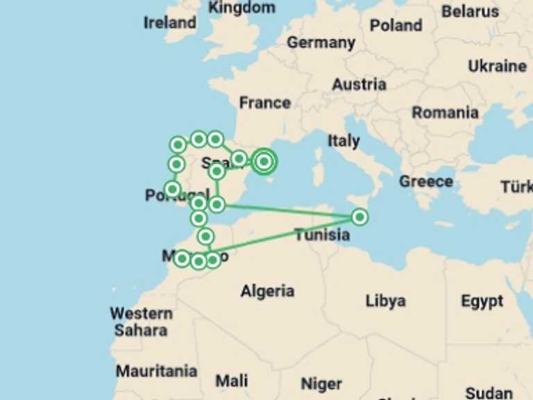 Map itinerary of Lisbon Tour in Spring with 16 destination visits for the trip: The Big Tour of Spain, Morocco and Portugal (without Alhambra)