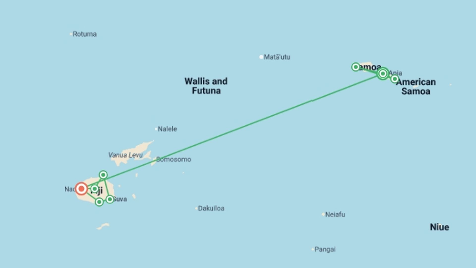 A map showing the tour itinerary for the trip: Samoa & Fiji Adventure, starting in Apia, New Zealand and ending in Nadi, Fiji going through 6 other destinations.