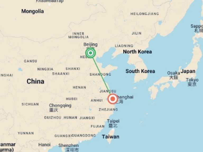 Map of China Tour with 2 destination visits for the trip: Chinese Cosmopolitan, Private Tour