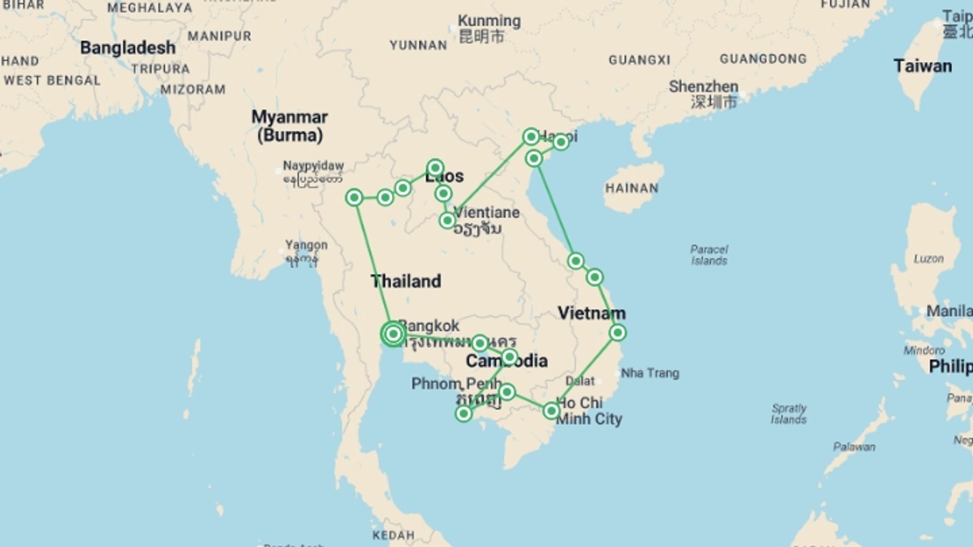 A map showing the tour itinerary for the trip: Epic South East Asia, starting in Bangkok, Thailand and ending in Bangkok, Thailand going through 17 other destinations.
