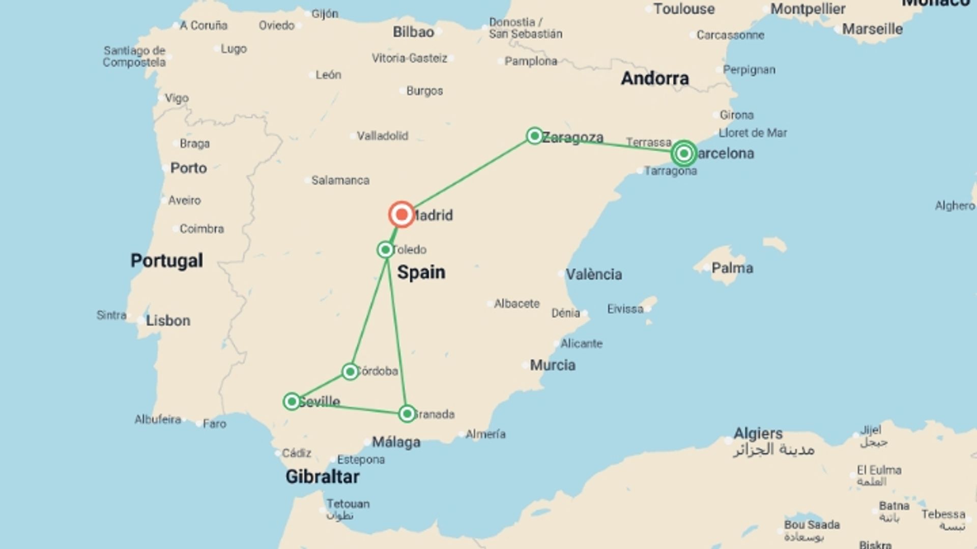 A map showing the tour itinerary for the trip: Barcelona, Seville & Alhambra (Superior) - 9 days, starting in Barcelona, Spain and ending in Madrid, Spain going through 2 other destinations.