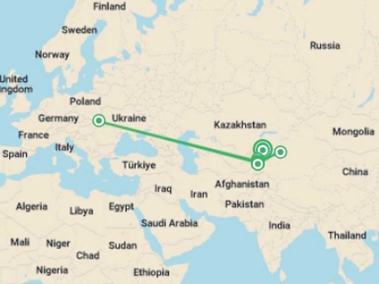 Map itinerary of Bishkek Tour in August 2026 with 10 destination visits for the trip: Peak Lenin Base Camp Trek