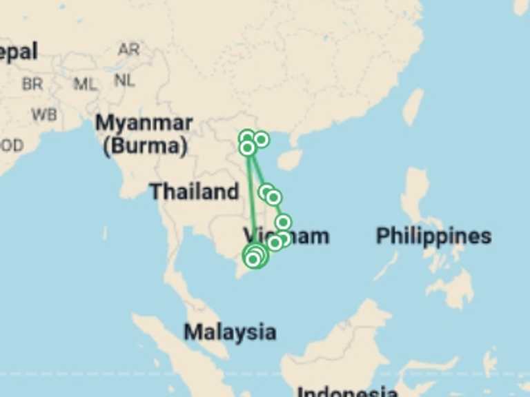 Map itinerary of Hanoi Tour in Winter with 10 destination visits for the trip: 14-day Tour From South To North Vietnam