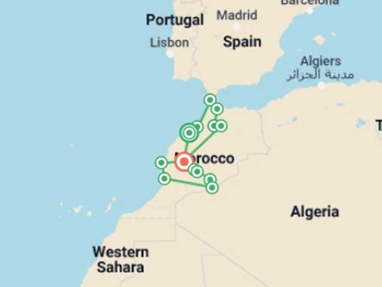 Map of 14-Day Marrakech Tour with 11 destination visits for the trip: Ultimate Morocco (4 Star Hotels)