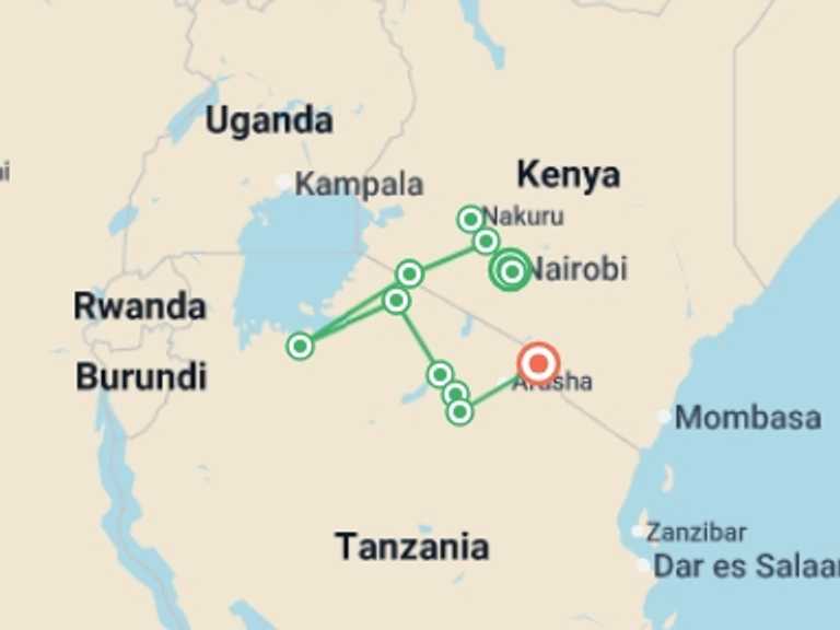 Map itinerary of Africa Tour in February 2026 with 11 destination visits for the trip: Kenya & Tanzania Safari Adventure