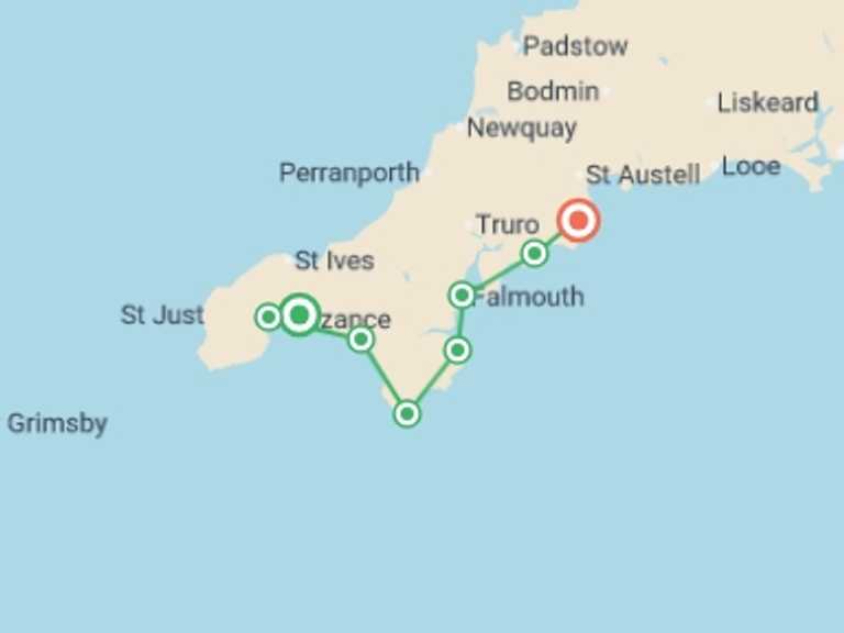 Map of Europe Sightseeing Tour with 8 destination visits for the trip: South West Coast Path: Penzance to Mevagissey - 8 Days