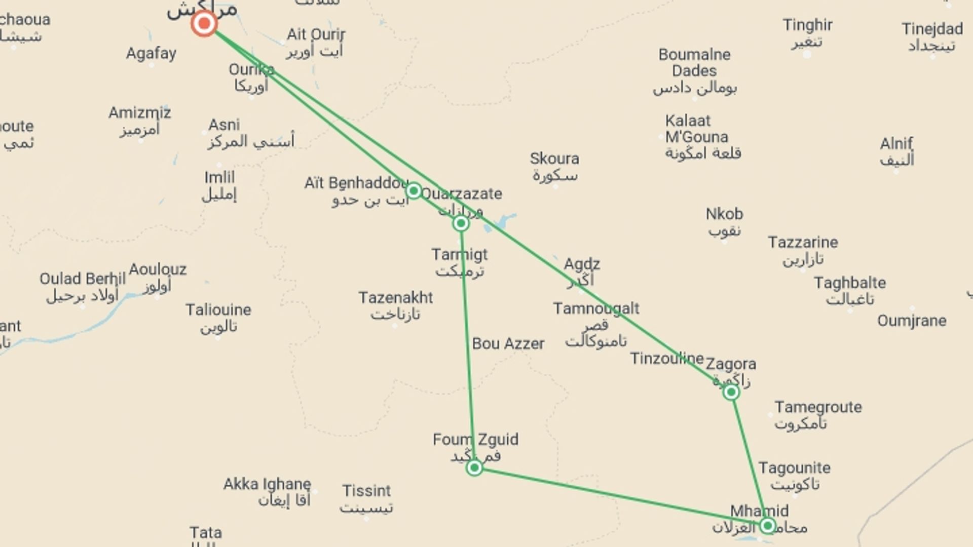A map showing the tour itinerary for the trip: Marrakech & Zagora Tour, starting in Marrakech, Morocco and ending in Marrakesh, Morocco going through 3 other destinations.