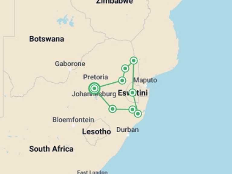 Map of Africa Walking Tour with 9 destination visits for the trip: South Africa Walking Adventure