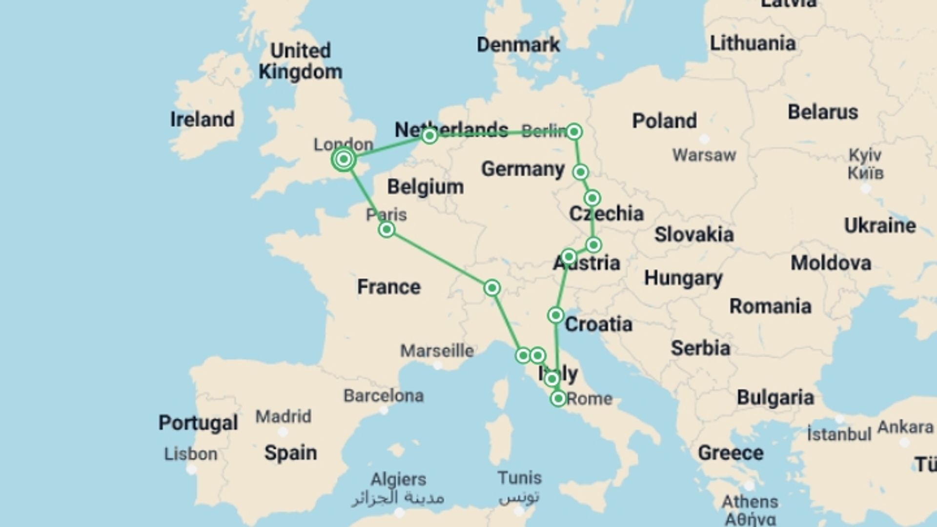 A map showing the tour itinerary for the trip: Get Social: Central Europe Highlights (Winter), starting in London, England and ending in London, England going through 7 other destinations.
