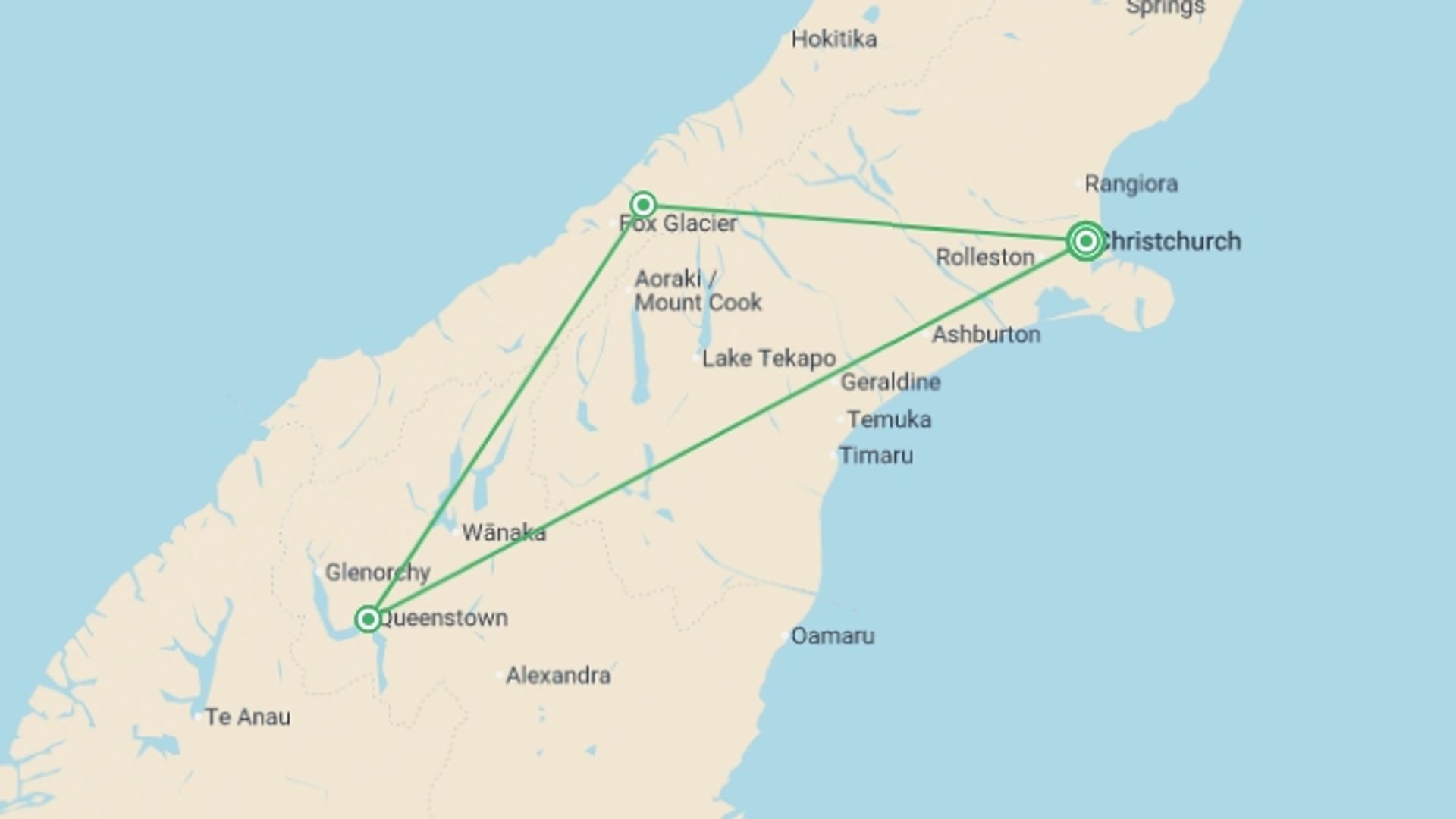 A map showing the tour itinerary for the trip: New Zealand: Sweet As South, starting in Christchurch, New Zealand and ending in Christchurch, New Zealand going through 1 other destinations.