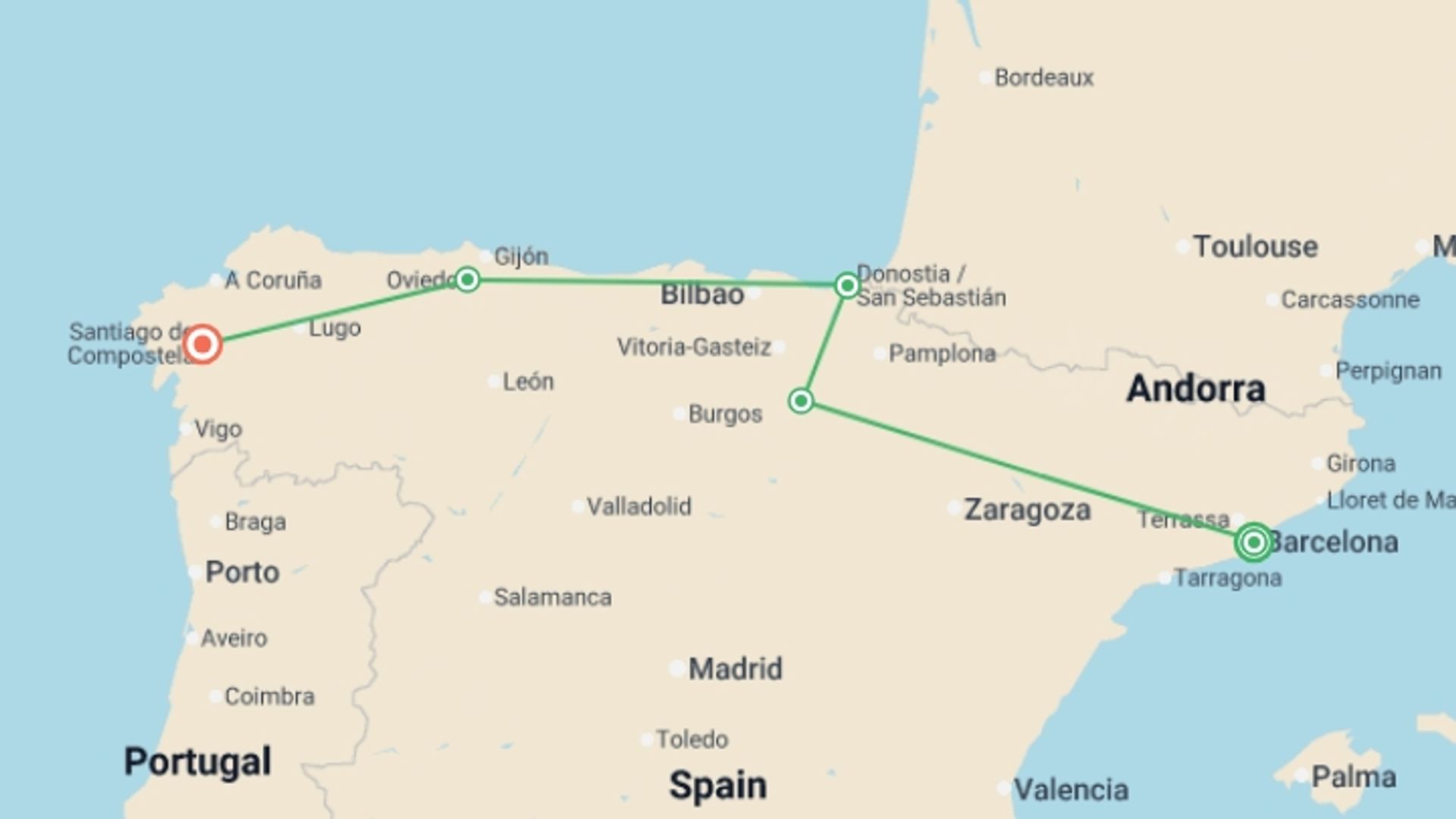 A map showing the tour itinerary for the trip: Northern Spain Real Food Adventure, starting in Barcelona, Spain and ending in Santiago De Compostela, Spain going through 4 other destinations.