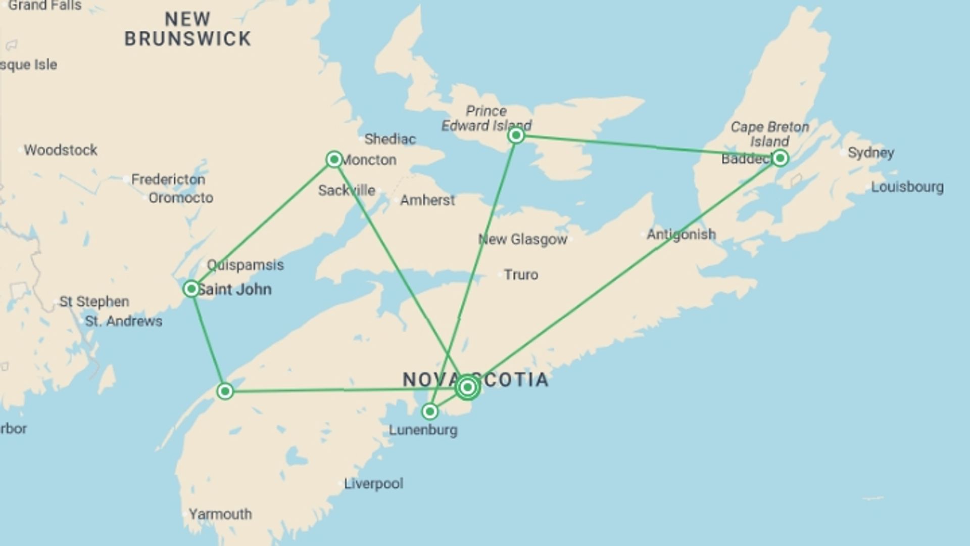 A map showing the tour itinerary for the trip: Highlights of The Maritimes (Small Group) - 13 days, starting in Halifax, Canada and ending in Halifax, Canada going through 6 other destinations.