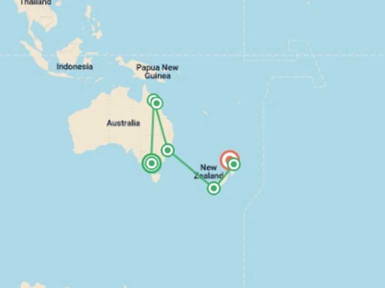 Map of Oceania Tour with 7 destination visits for the trip: Australia and New Zealand Panorama