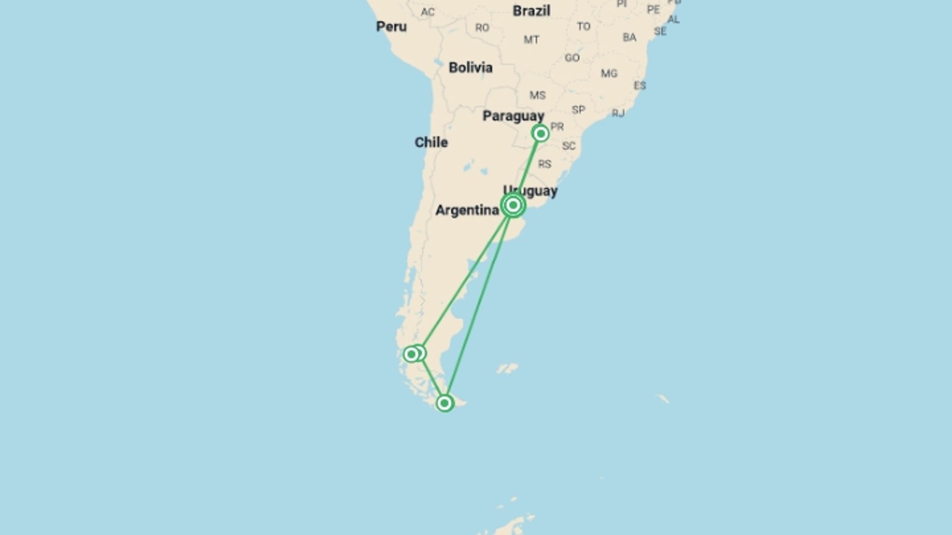 A map showing the tour itinerary for the trip: From the Jungle to the End of the World, starting in Buenos Aires, Argentina and ending in Buenos Aires, Argentina going through 8 other destinations.