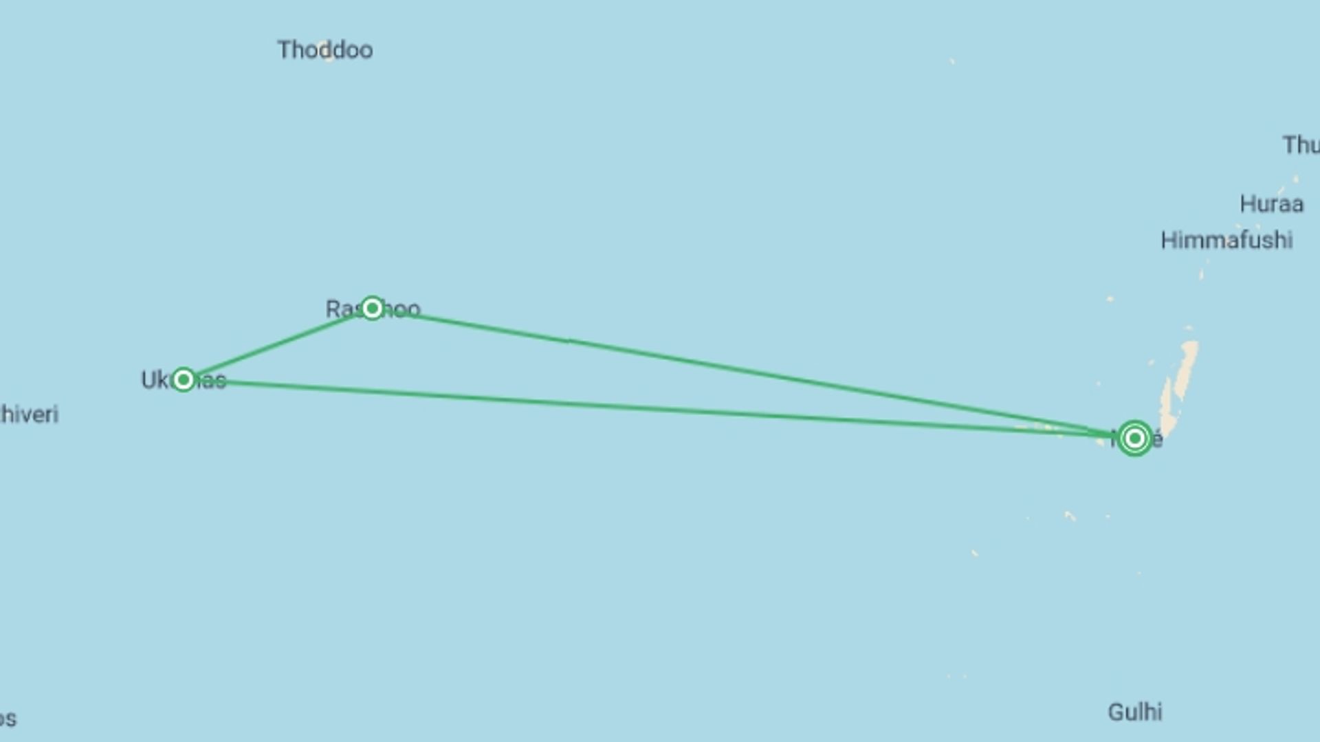 A map showing the tour itinerary for the trip: Maldives Island Explorer, starting in Male, Maldives and ending in Male, Maldives going through 2 other destinations.