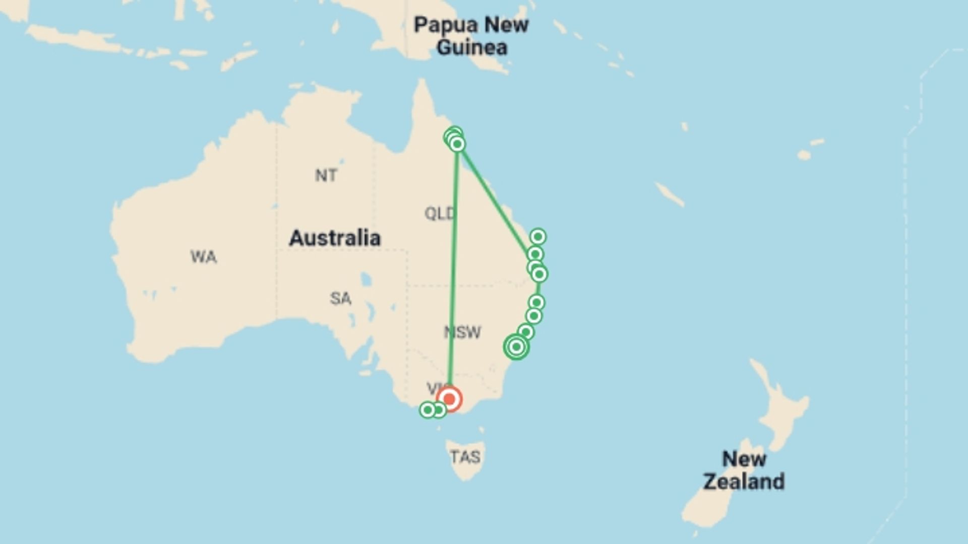 A map showing the tour itinerary for the trip: Epic Eastern Adventure Tour, starting in Sydney, Australia and ending in Melbourne, Australia going through 15 other destinations.