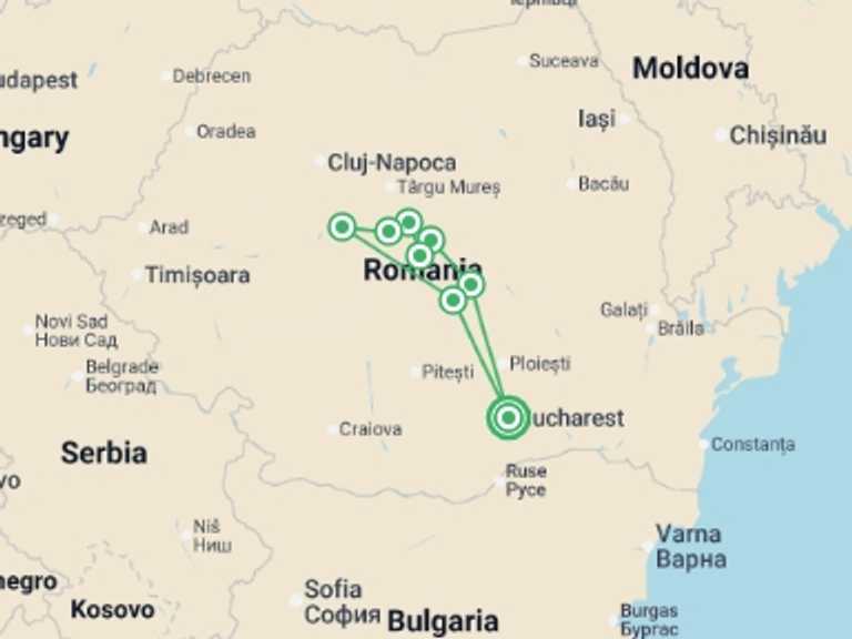 Map itinerary of Europe Tour in July 2026 with 9 destination visits for the trip: Cycle Romania