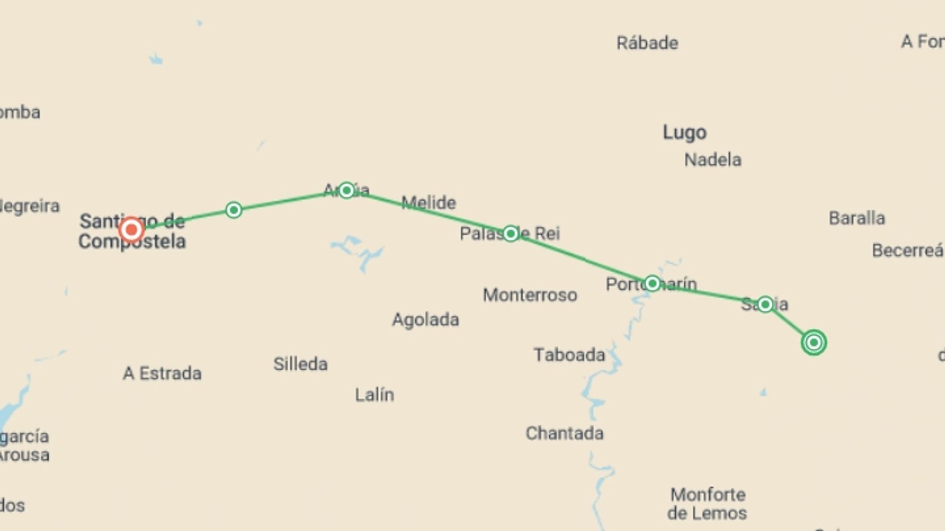 A map showing the tour itinerary for the trip: Trekking the Camino de Santiago, starting in Samos, Spain and ending in Santiago De Compostela, Spain going through 6 other destinations.