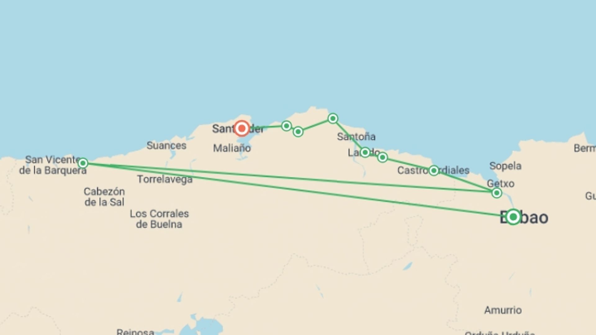 A map showing the tour itinerary for the trip: Camino Norte - Bilbao to Santander, starting in Bilbao, Spain and ending in Santander, Spain going through 5 other destinations.