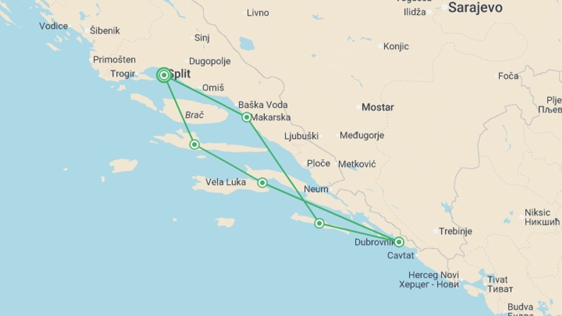 A map showing the tour itinerary for the trip: Sail & Swim: Croatia Plus, starting in Split, Croatia and ending in Split, Croatia going through 4 other destinations.