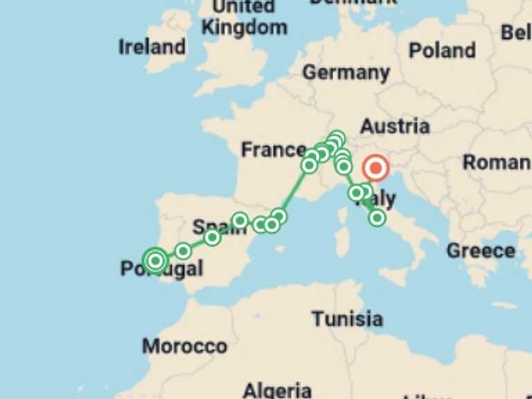 Map itinerary of Mediterranean Tour in July 2026 with 11 destination visits for the trip: The South European Line
