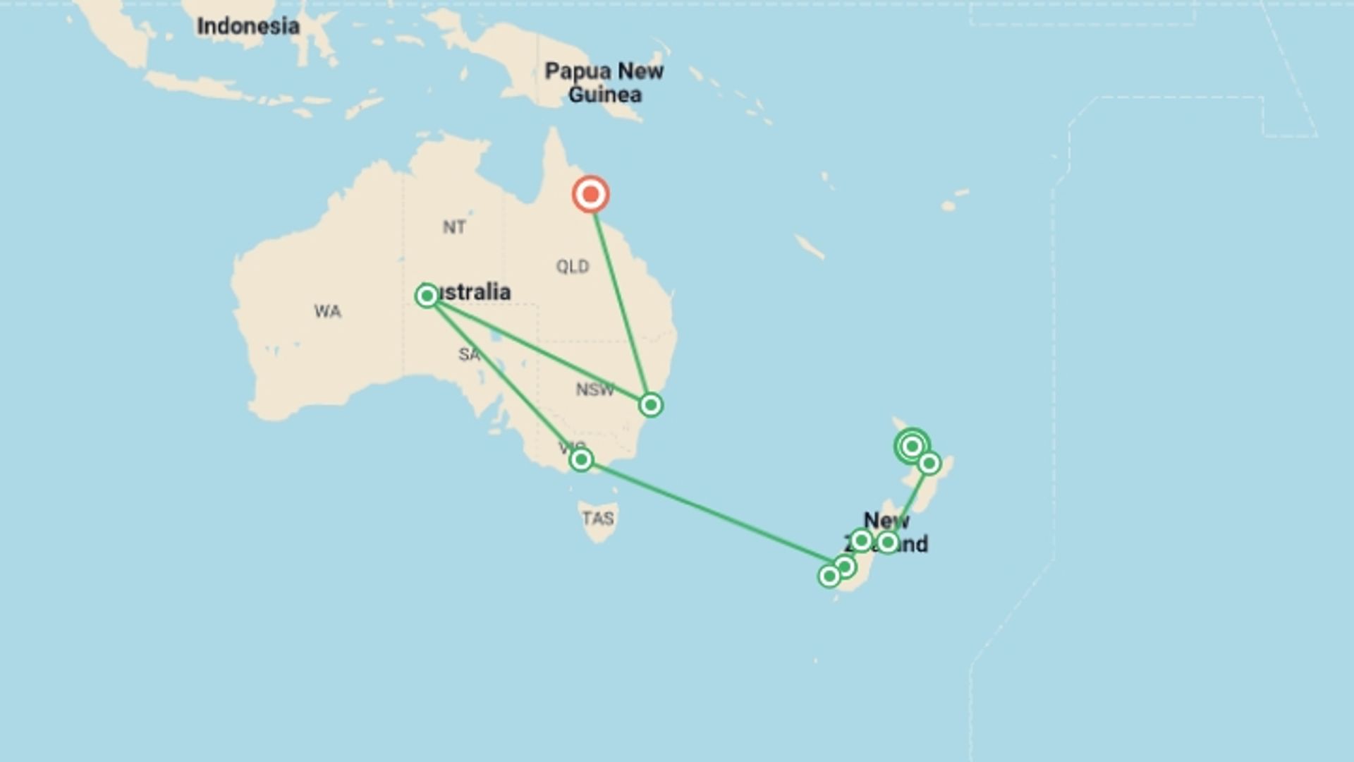 A map showing the tour itinerary for the trip: Journeys: Iconic Australia and New Zealand, starting in Auckland, New Zealand and ending in Cairns, Australia going through 9 other destinations.
