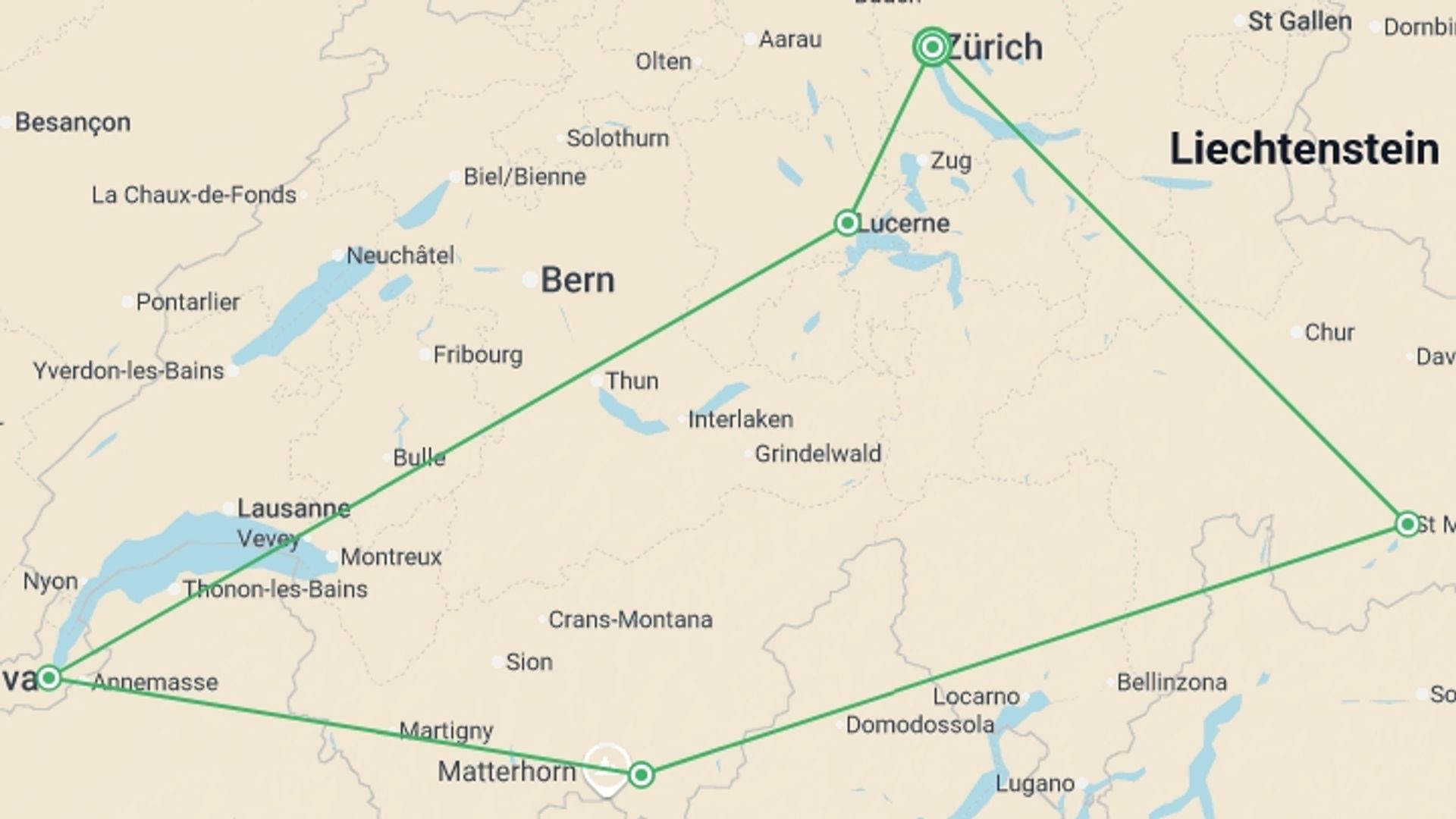 A map showing the tour itinerary for the trip: Contrasts of Switzerland, starting in Zurich, Switzerland and ending in Zurich, Switzerland going through 4 other destinations.