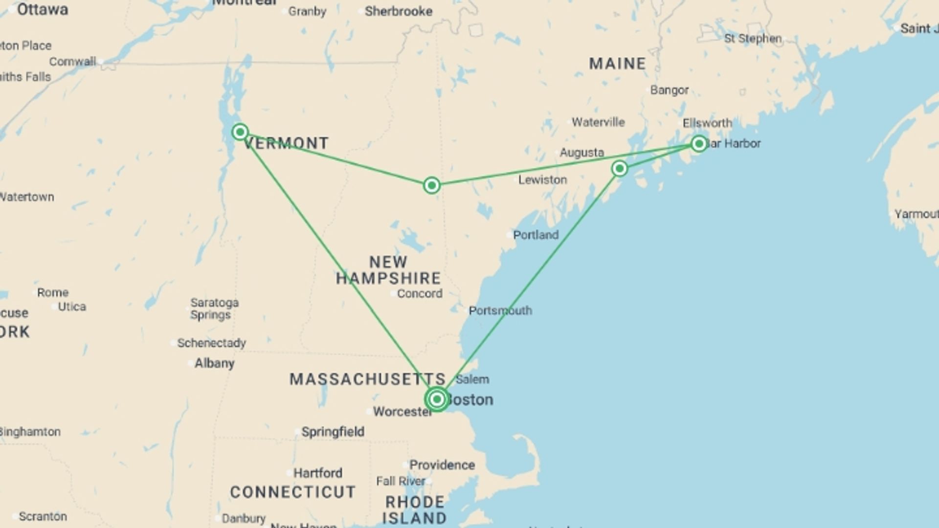 A map showing the tour itinerary for the trip: Autumn Colours, starting in Boston, USA and ending in Boston, USA going through 4 other destinations.