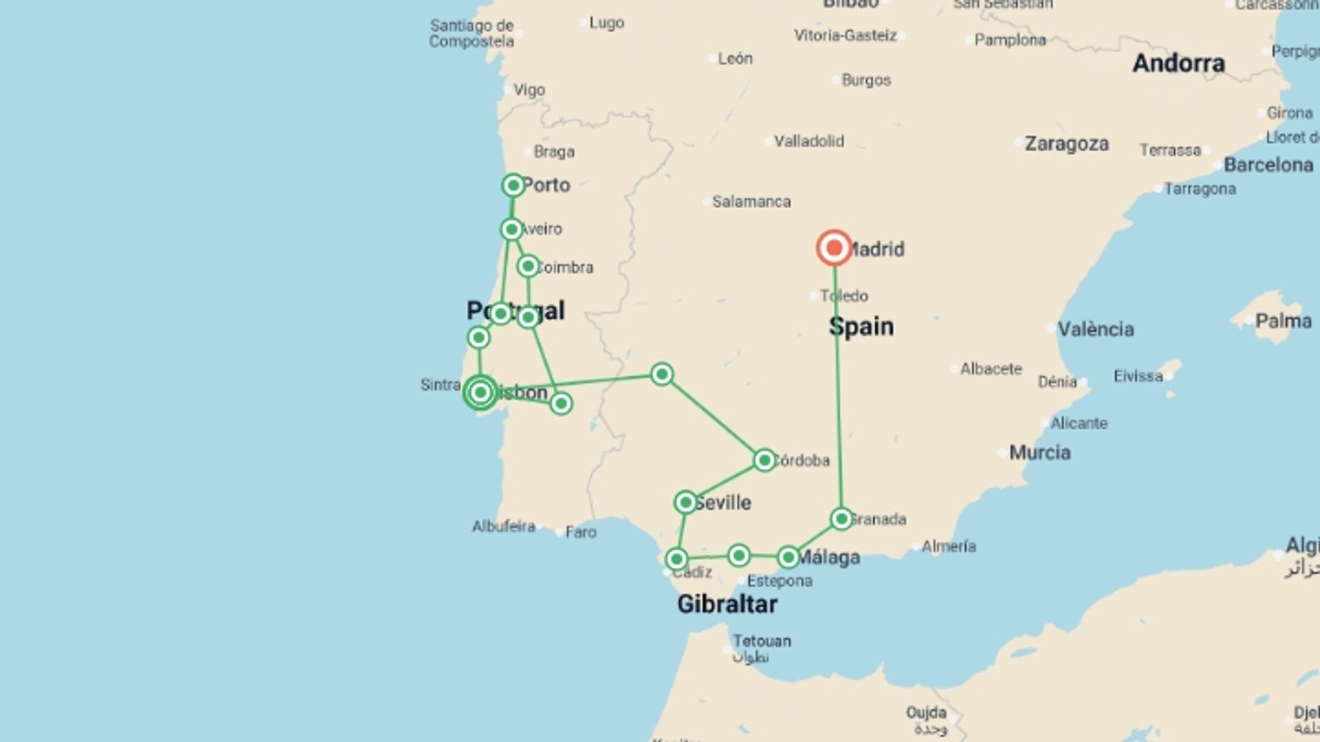 A map showing the tour itinerary for the trip: Portugal, Andalucia & Madrid - 15 days, starting in Lisbon, Portugal and ending in Madrid, Spain going through 7 other destinations.