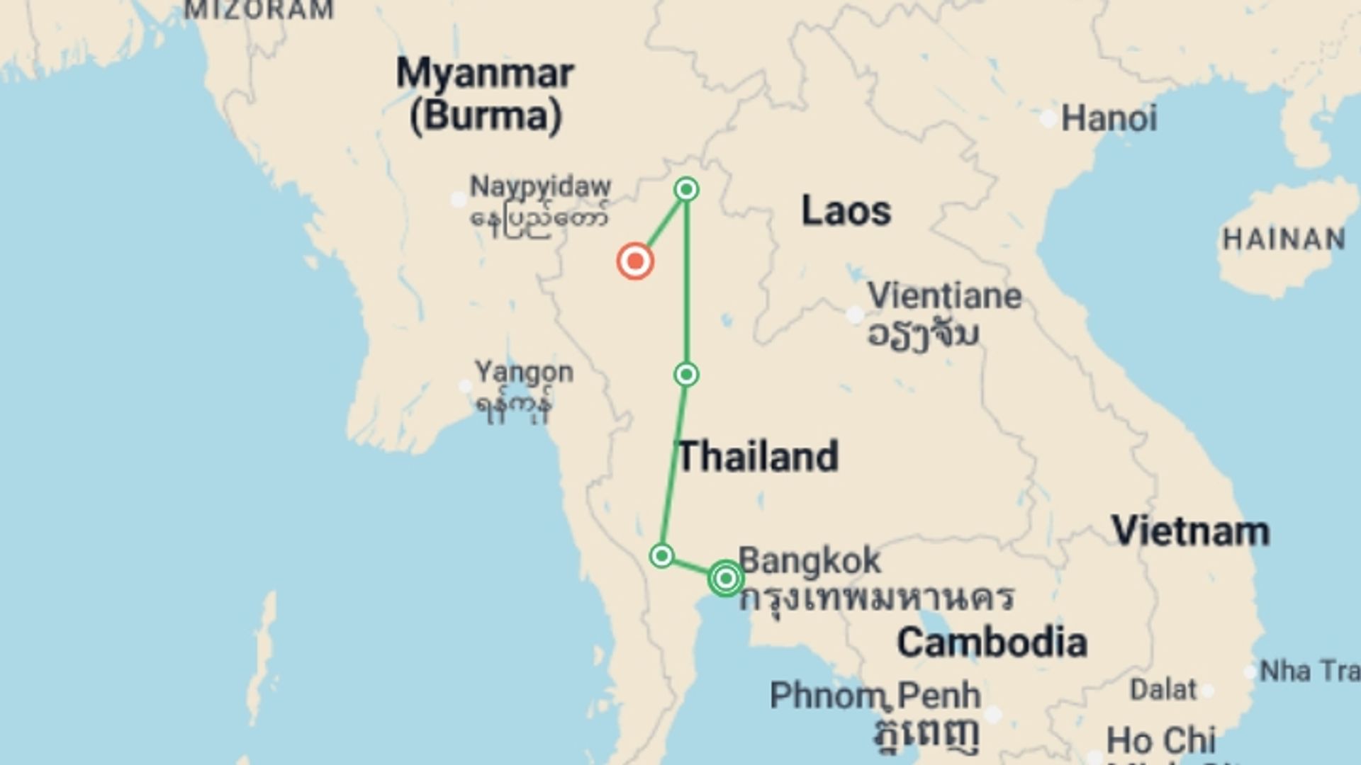 A map showing the tour itinerary for the trip: Essential Thailand, starting in Bangkok, Thailand and ending in Chiang Mai, Thailand going through 5 other destinations.