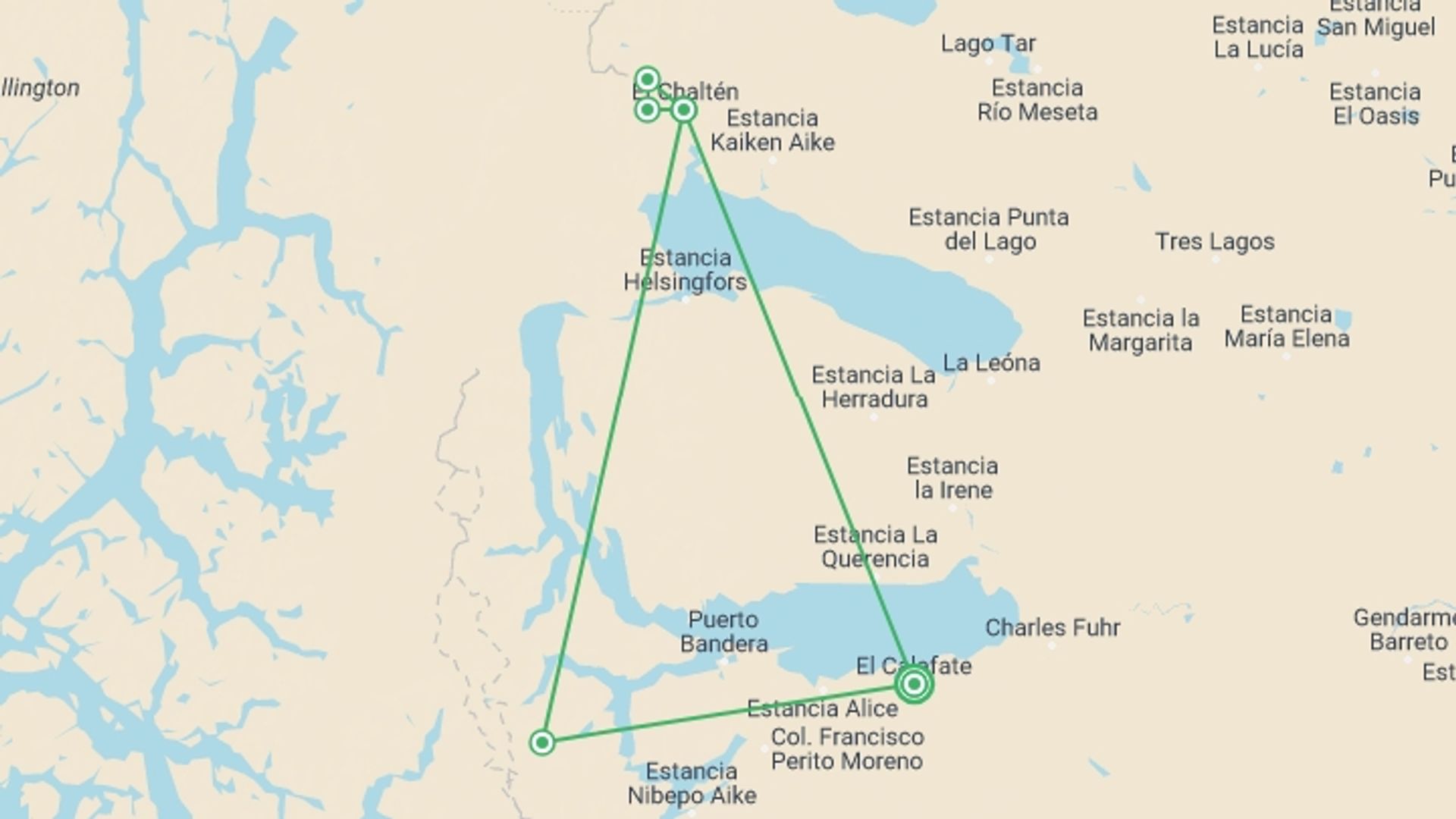 A map showing the tour itinerary for the trip: Fitz Roy & Cerro Torre Treks, starting in El Calafate, Argentina and ending in El Calafate, Argentina going through 1 other destinations.