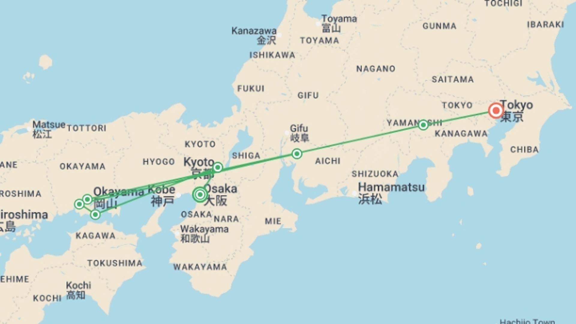 A map showing the tour itinerary for the trip: Essence of Japan: A Luxury in Culture, Art & Culinary Elegance, starting in Osaka, Japan and ending in Tokyo, Japan going through 6 other destinations.