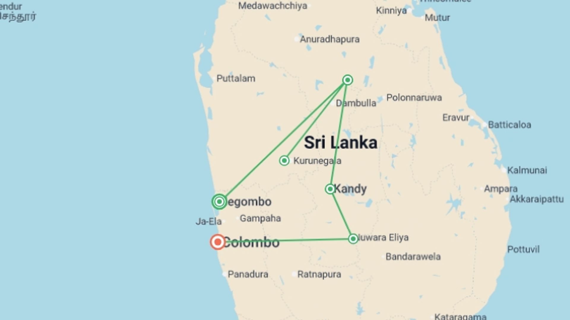 A map showing the tour itinerary for the trip: Premium Sri Lanka, starting in Negombo, Sri Lanka and ending in Colombo, Sri Lanka going through 4 other destinations.