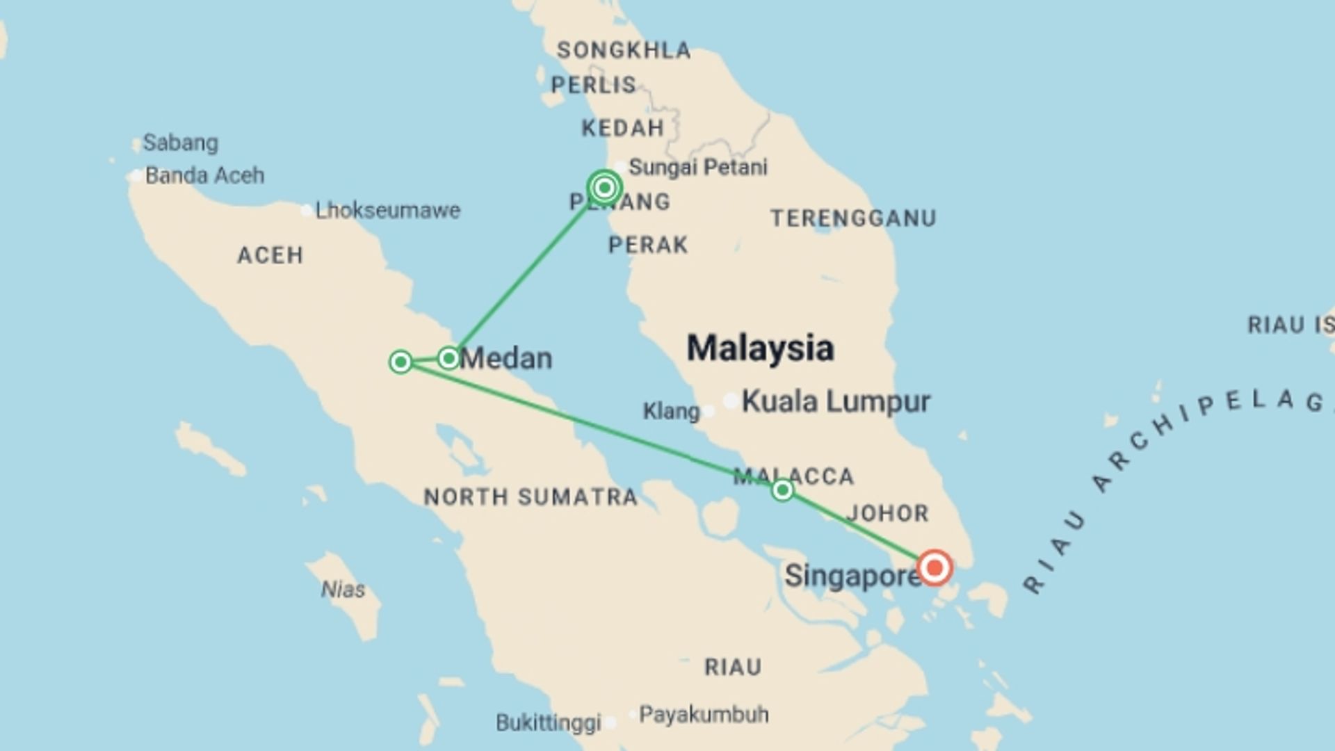 A map showing the tour itinerary for the trip: PENANG TO SINGAPORE (18 days) South East Asia High, starting in Penang, Malaysia and ending in Singapore, Singapore going through 4 other destinations.