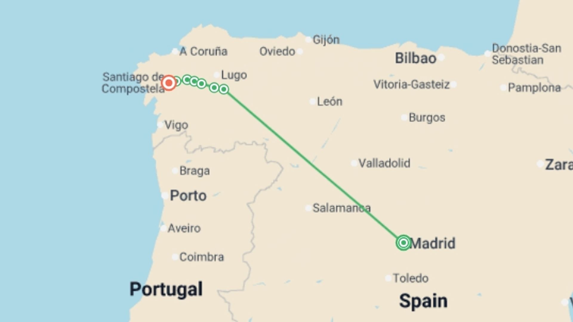 A map showing the tour itinerary for the trip: Camino de Santiago Encompassed, starting in Madrid, Spain and ending in Santiago De Compostela, Spain going through 6 other destinations.