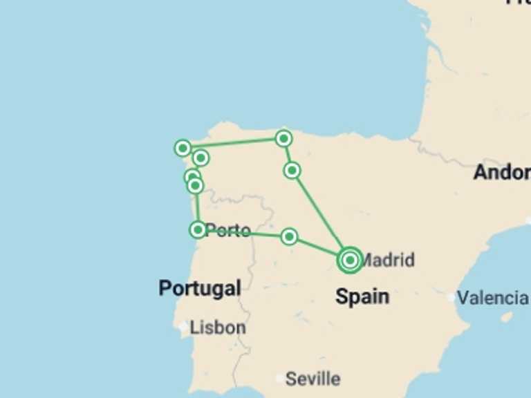 Map of 6-Day Madrid Tour with 5 destination visits for the trip: Madrid, Santiago & Porto - 6 days