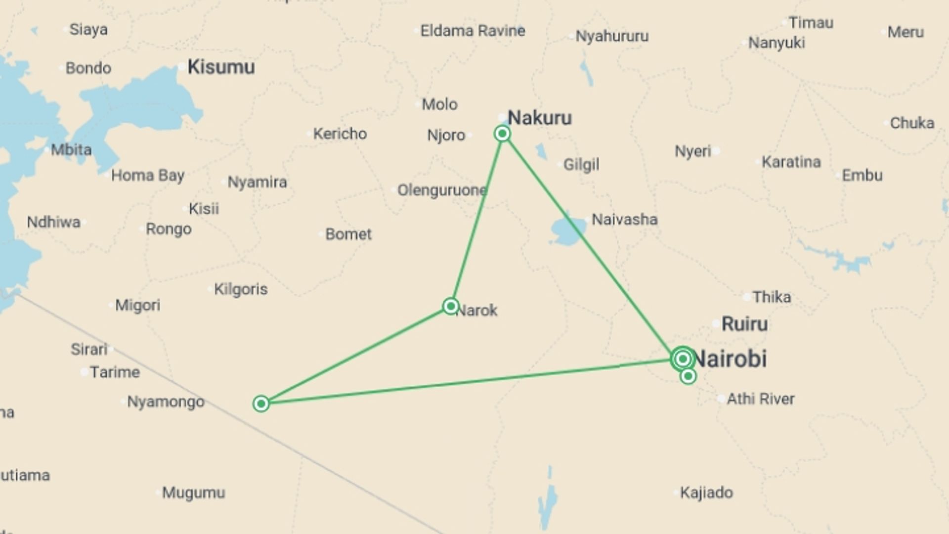A map showing the tour itinerary for the trip: Kenya Wildlife Week - 7 days, starting in Nairobi, Kenya and ending in Nairobi, Kenya going through 4 other destinations.