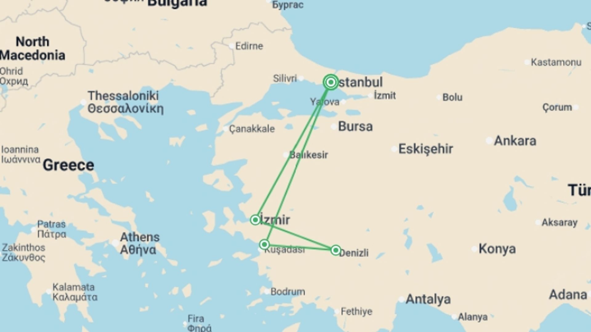 A map showing the tour itinerary for the trip: 6 Days - Seven Churches Of Revelation - Private / Mini Group Tour, starting in Istanbul, Turkey and ending in Istanbul, Turkey going through 3 other destinations.
