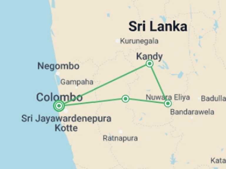 Map of Sri Lanka Tour with 2 destination visits for the trip: Experience The Central Hills