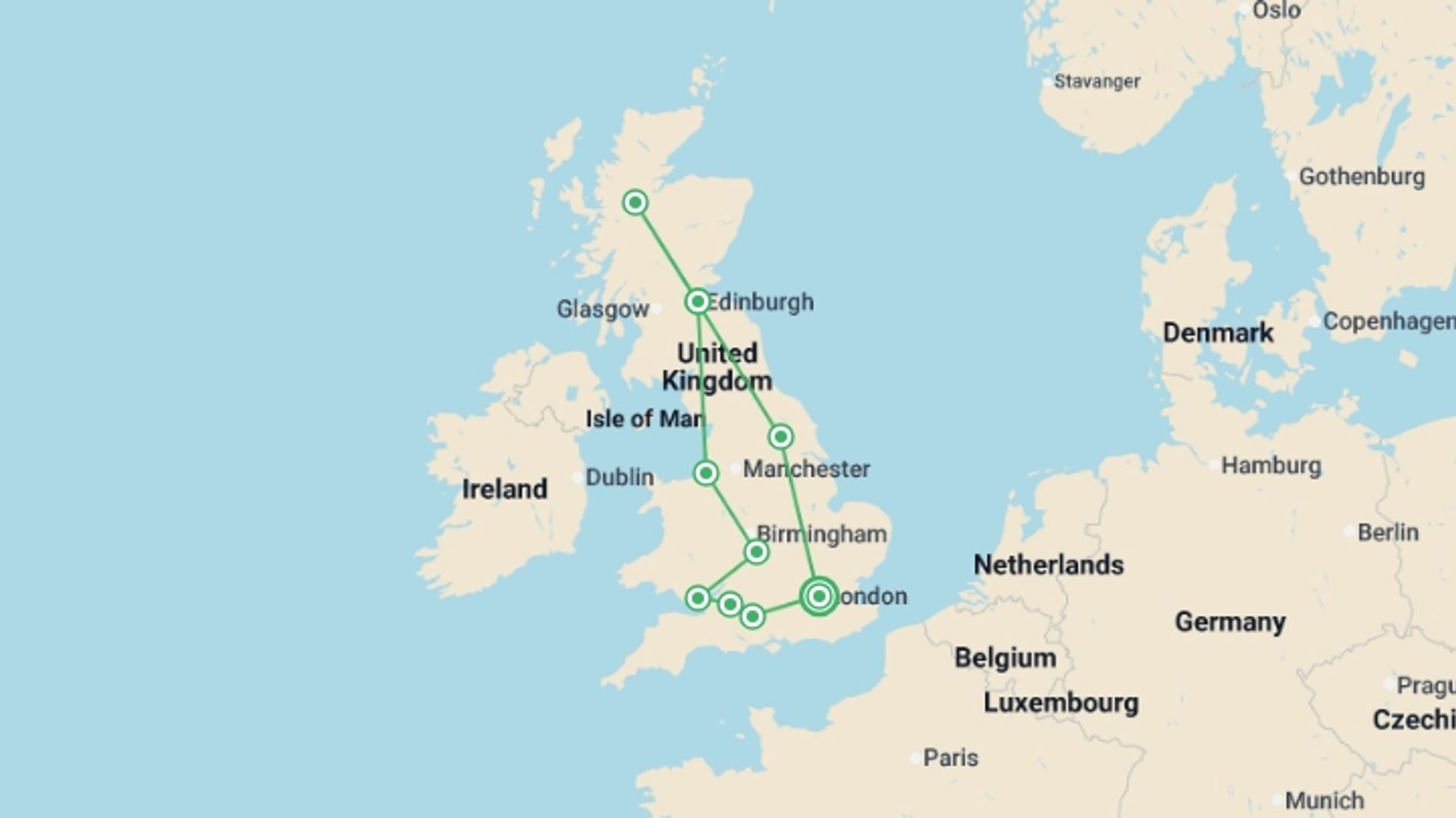 A map showing the tour itinerary for the trip: Great Britain New Year, starting in hotel lobby at holiday inn express london - greenwich, England and ending in London, England going through 7 other destinations.