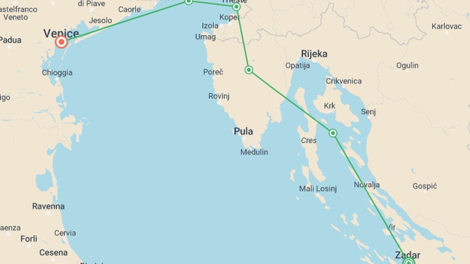 A map showing the tour itinerary for the trip: Sailing Croatia to Italy, starting in Zadar, Croatia and ending in Venice, Italy going through 3 other destinations.