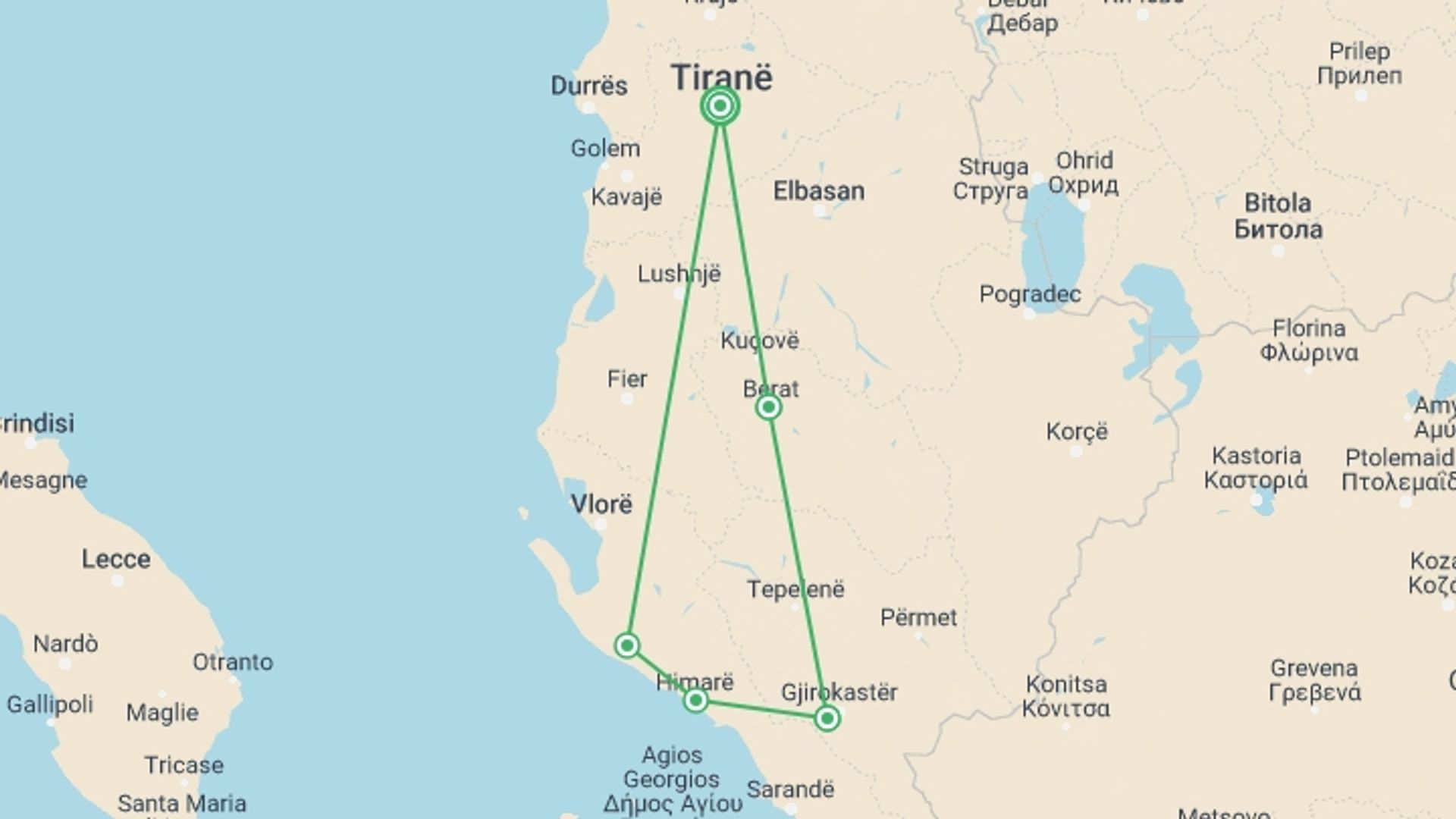 A map showing the tour itinerary for the trip: Local Food & UNESCO Heritage Tour - 6 Days, starting in Tirana, Albania and ending in Tirana, Albania going through 3 other destinations.