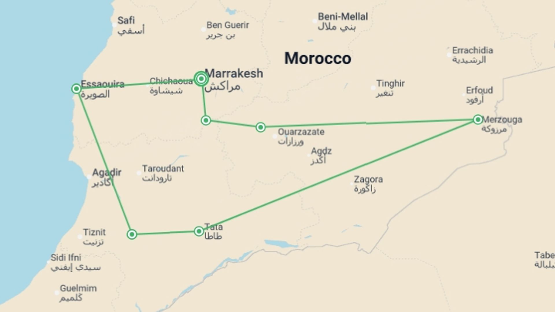 A map showing the tour itinerary for the trip: South Morocco Discovery, starting in Marrakech, Morocco and ending in Marrakech, Morocco going through 6 other destinations.