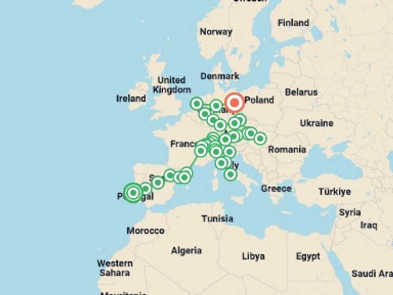 Map of Spain and Switzerland Tour with 18 destination visits for the trip: All Europe