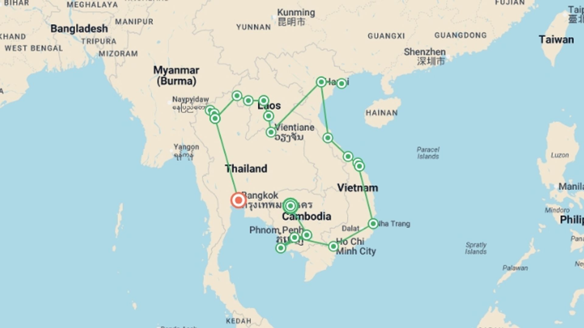 A map showing the tour itinerary for the trip: Southeast Asia: Hill Tribes, Homestays & Holiday Vibes, starting in Siem Reap, Cambodia and ending in Bangkok, Thailand going through 19 other destinations.
