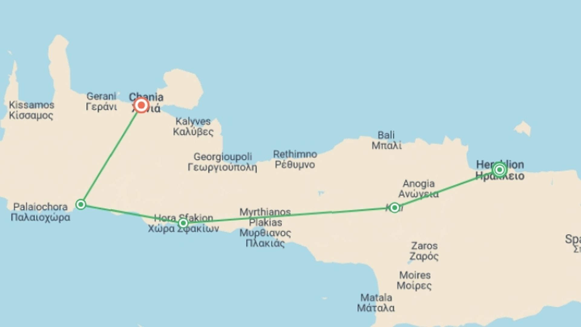 A map showing the tour itinerary for the trip: Highlights of Crete, starting in Heraklion, Greece and ending in Chania, Greece going through 2 other destinations.